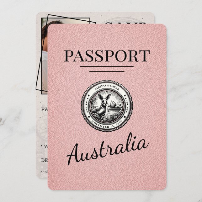 Save The Date Passeport Australie Rose Enregistrer La Date (Devant / Derrière)