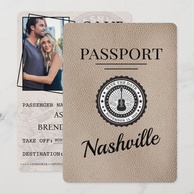 Save The Date Passeport Beige Nashville Enregistrer La Date (Devant / Derrière)