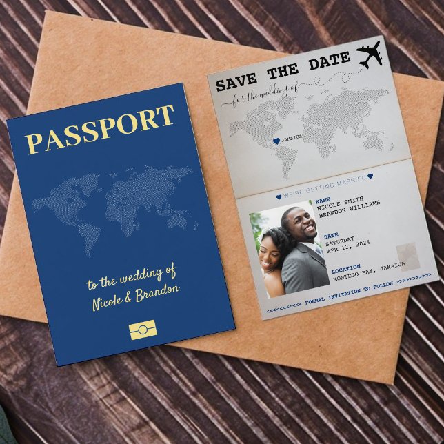 Save The Date Passeport bleu Jamaïque Destination Mariage (Blue Passport Jamaica Destination Wedding Save The Date)