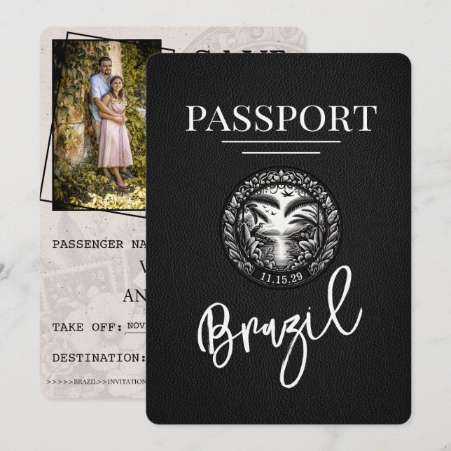 Save The Date Passeport Brésil Noir Enregistrer La Date (Devant / Derrière)