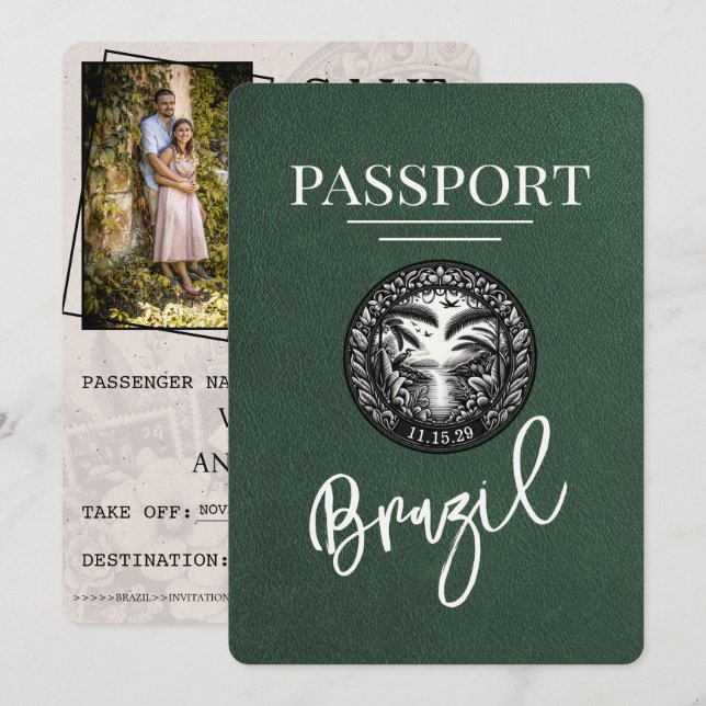 Save The Date Passeport Brésil Vert Enregistrer La Date (Devant / Derrière)