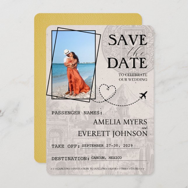 Save The Date Passeport Cancun Jaune Enregistrer La Date (Devant / Derrière)