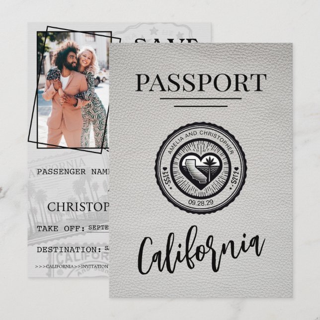 Save The Date Passeport De Californie Blanche Enregistrer La Dat (Devant / Derrière)