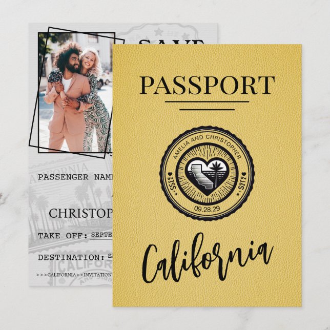 Save The Date Passeport De Californie Jaune Enregistrer La Date (Devant / Derrière)