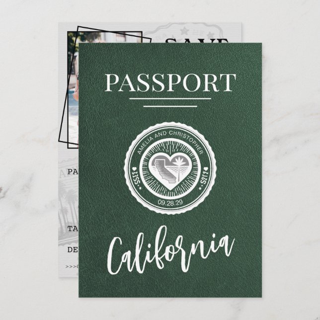 Save The Date Passeport De Californie Verte Enregistrer La Date (Devant / Derrière)