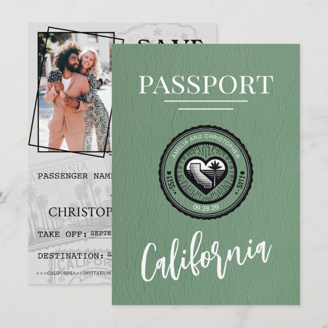 Save The Date Passeport De Californie Verte Enregistrer La Date (Devant / Derrière)