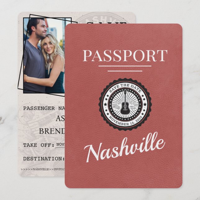 Save The Date Passeport De Nashville En Bourgogne Lumière Enregi (Devant / Derrière)