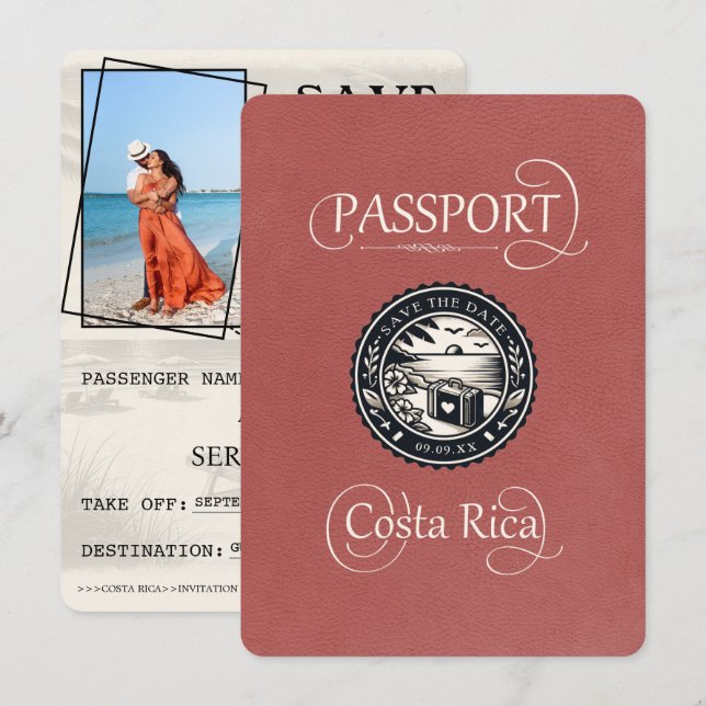 Save The Date Passeport du Costa Rica en Bourgogne légère (Devant / Derrière)