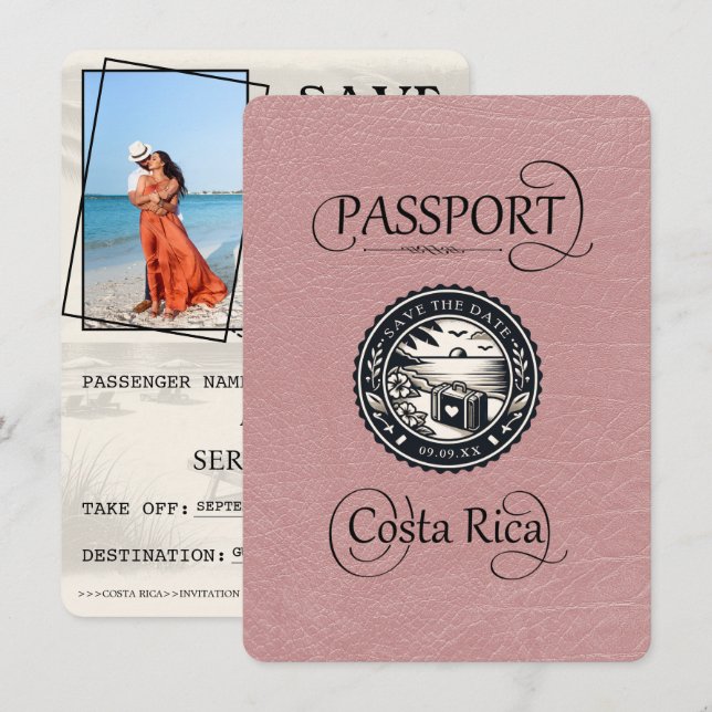 Save The Date Passeport du Costa Rica Rose Dusty (Devant / Derrière)
