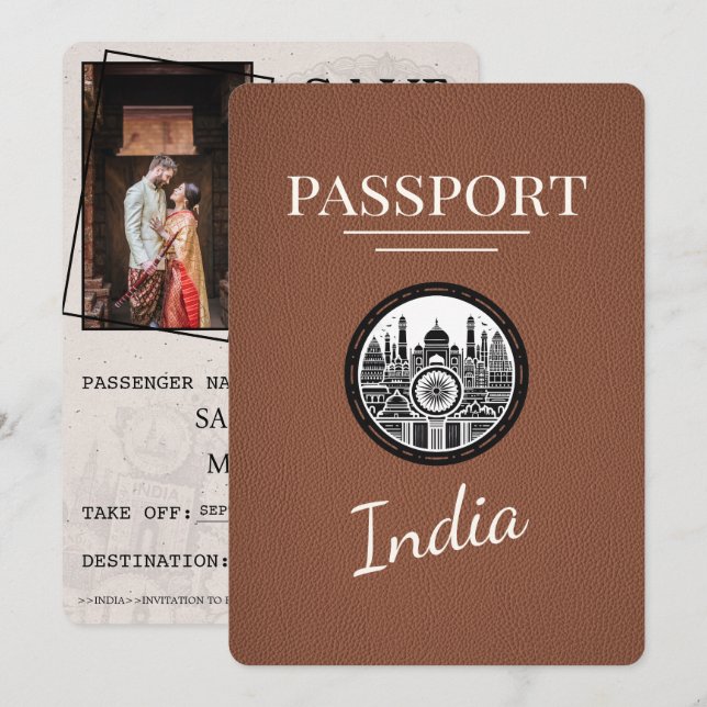 Save The Date Passeport Inde Brown Enregistrer La Date (Devant / Derrière)