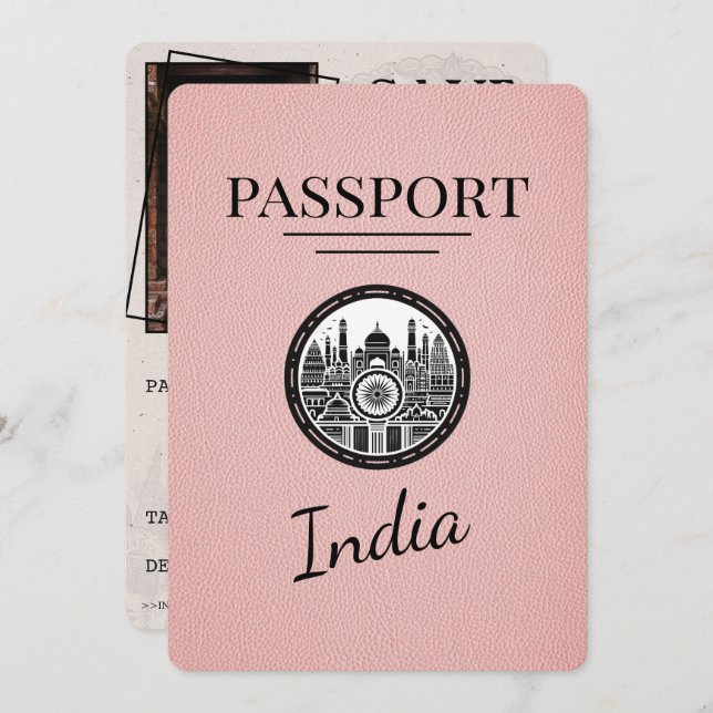 Save The Date Passeport Inde Rose Enregistrer La Date (Devant / Derrière)