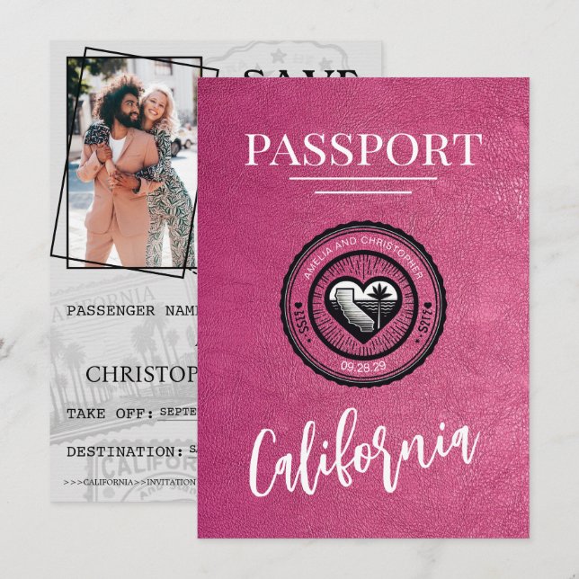 Save The Date Passeport Magenta California Enregistrer La Date (Devant / Derrière)