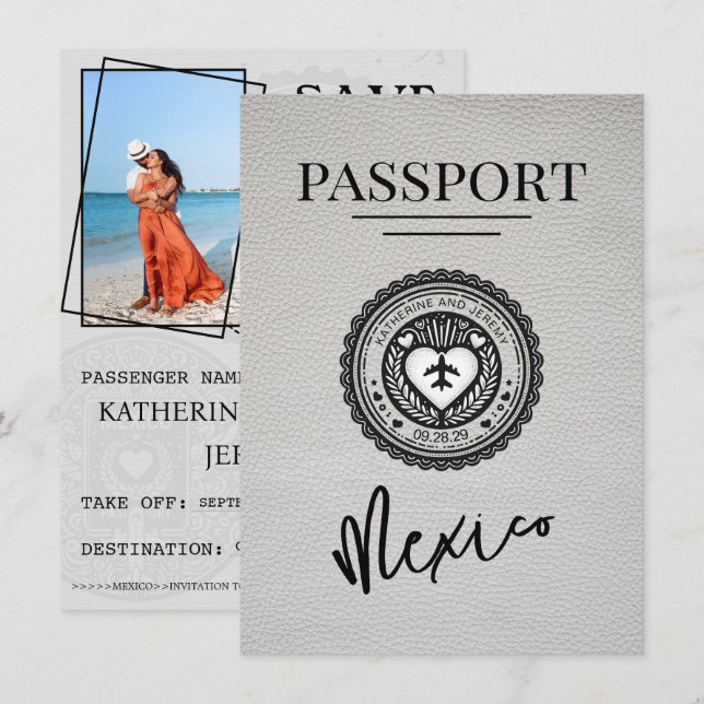 Save The Date Passeport Mexique Blanc Enregistrer La Date (Devant / Derrière)