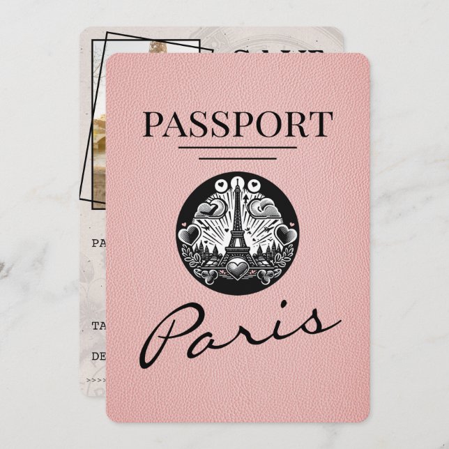 Save The Date Passeport Paris Rose Enregistrer La Date (Devant / Derrière)
