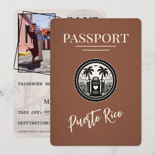 Save The Date Passeport Porto Rico Brown (Devant / Derrière)