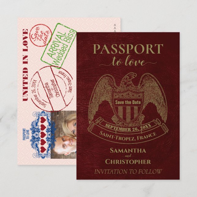Save The Date Passeport pour aimer Whimsical Destination Mariage (Devant / Derrière)