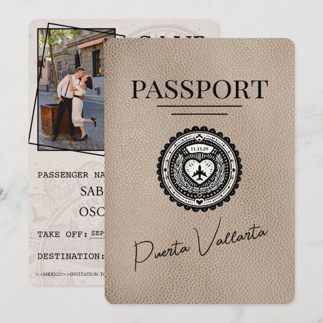 Save The Date Passeport Puerta Vallarta Beige Enregistrer La Dat (Devant / Derrière)