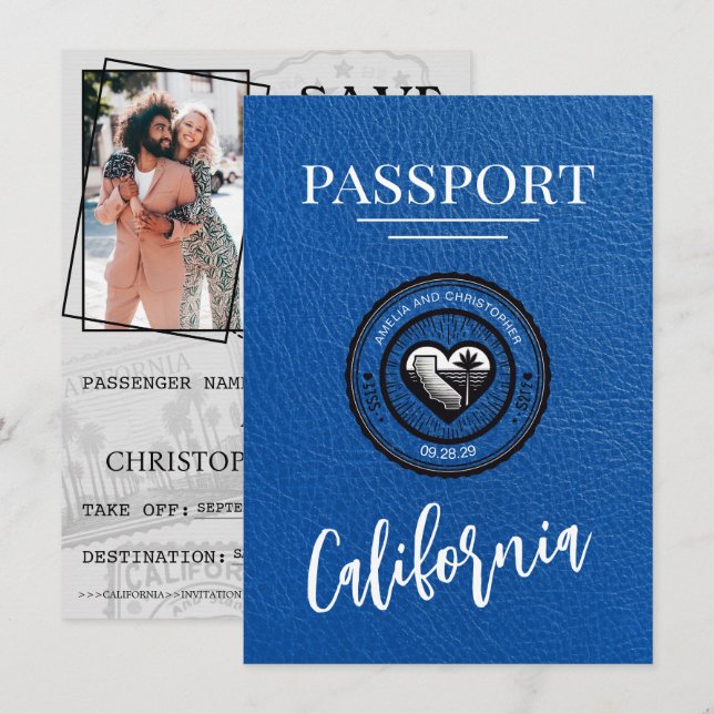 Save The Date Passeport Royal Blue California Enregistrer La Dat (Devant / Derrière)