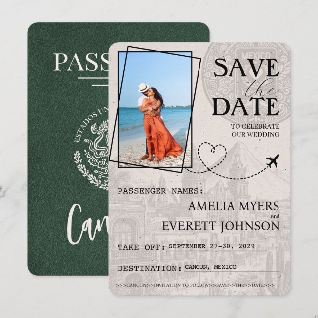 Save The Date Passeport Vert Cancun Enregistrer La Date (Devant / Derrière)