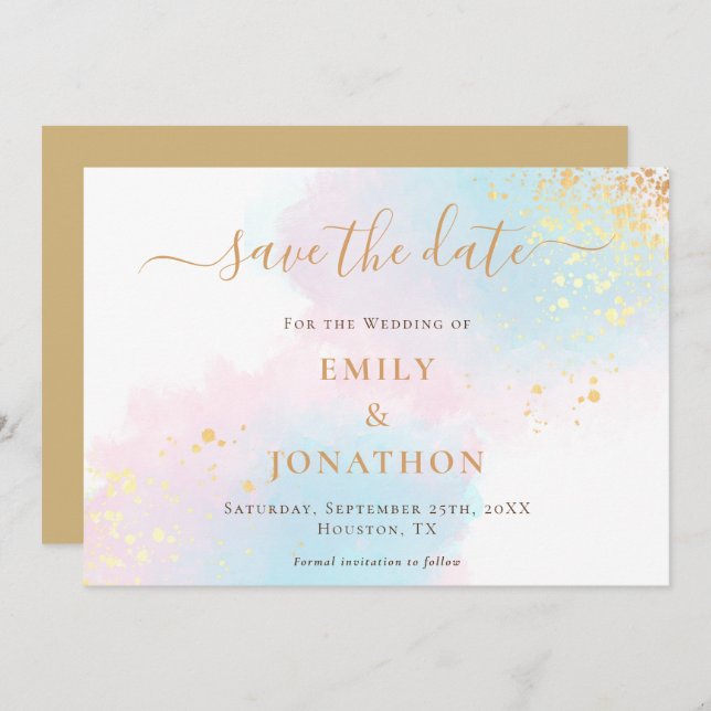 Save The Date Pastel Aquarelles Bleu rose Mariage or (Devant / Derrière)