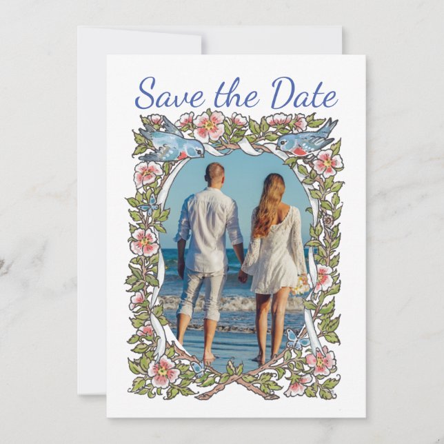 Save The Date Pastel Fleur sauvage Floral Bird Photo Mariage (Devant)