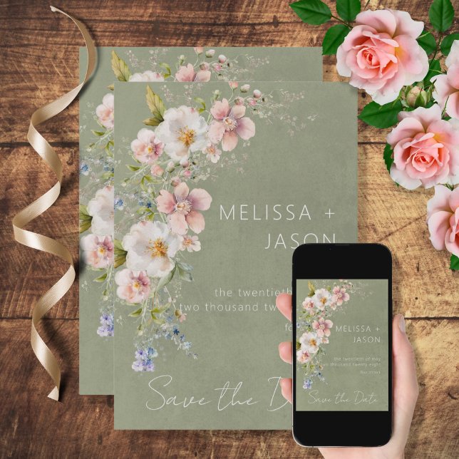 Save The Date Pastel Floral moderne Mariage vert (Créateur téléchargé)