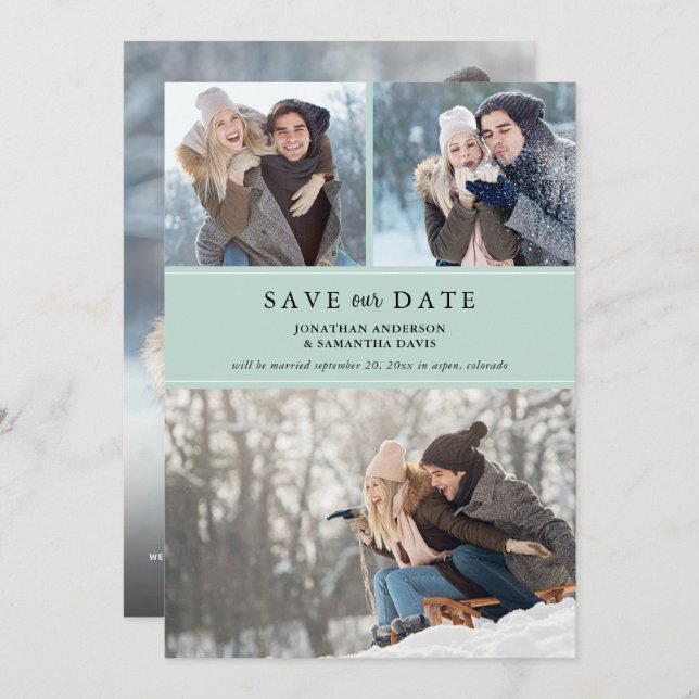 Save The Date Pastel Green Modern Photo Collage Enregistrer notr (Devant / Derrière)