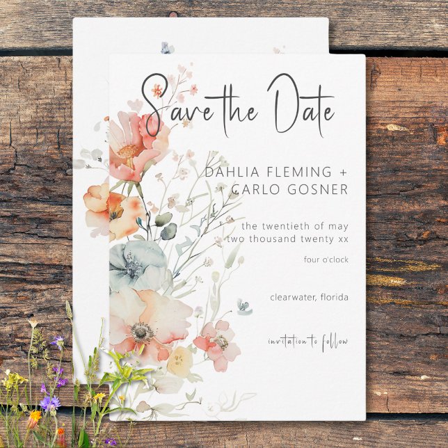 Save The Date Pastel Loose Fleur sauvage Mariage moderne (Pastel Loose Wildflowers Modern Wedding Save The Date)