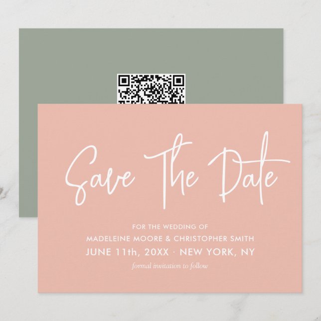 Save The Date Pastel Peach & Sage Green Calligraphy Scan QR Code (Devant / Derrière)