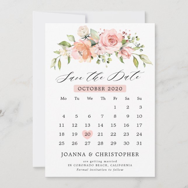 Save The Date Pastel Pink Blush Rose Floral Botanique Calendrier (Devant)