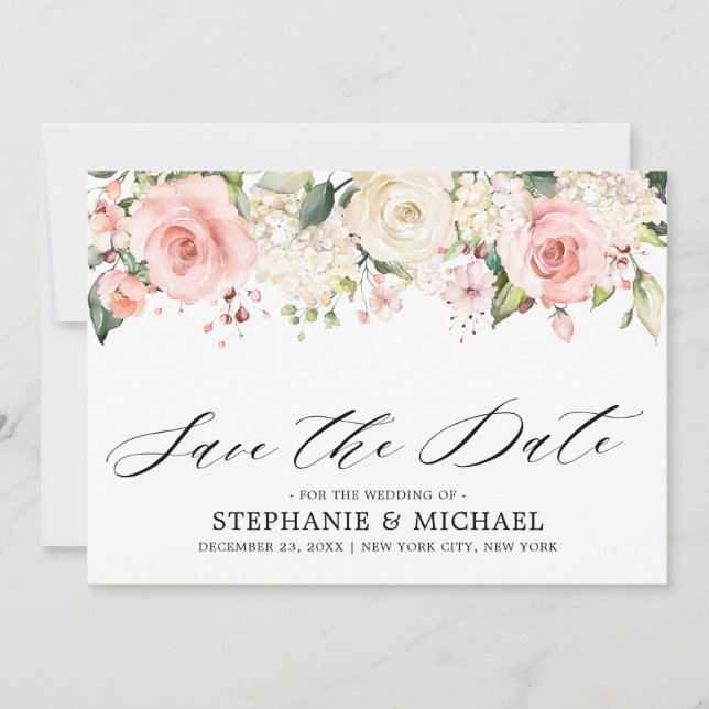Save The Date Pastel Pink Blush Rose Floral Mariage botanique (Devant)
