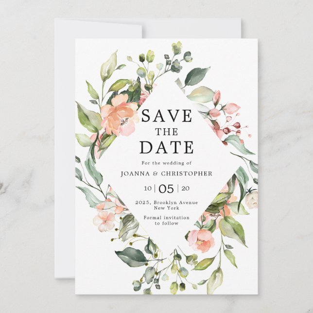 Save The Date Pastel Pink Blush Rose Floral Mariage botanique (Devant)