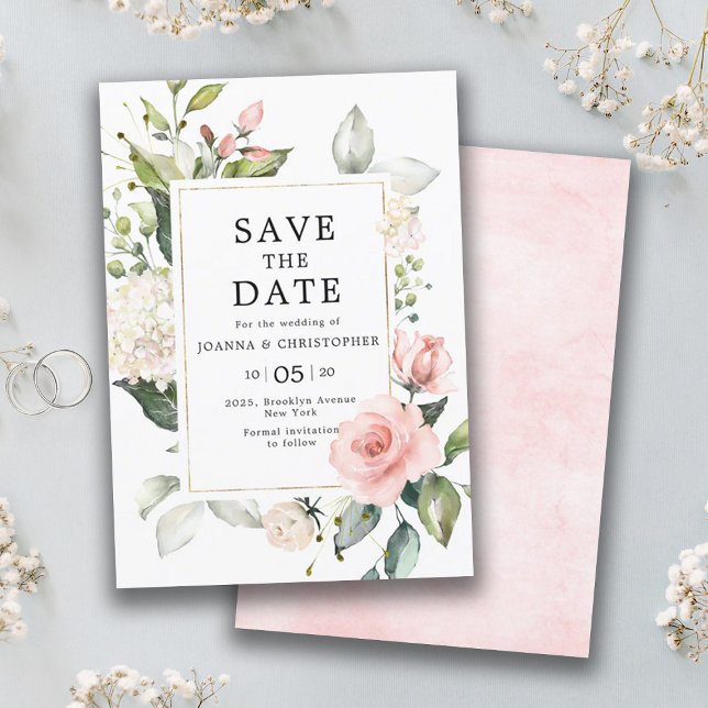 Save The Date Pastel Pink Blush Rose Floral Mariage botanique (Pastel pink blush rose floral save the date card)