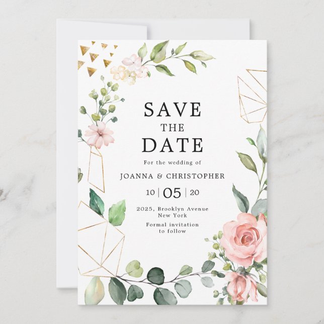 Save The Date Pastel Pink Blush Rose Floral Mariage géométrique (Devant)