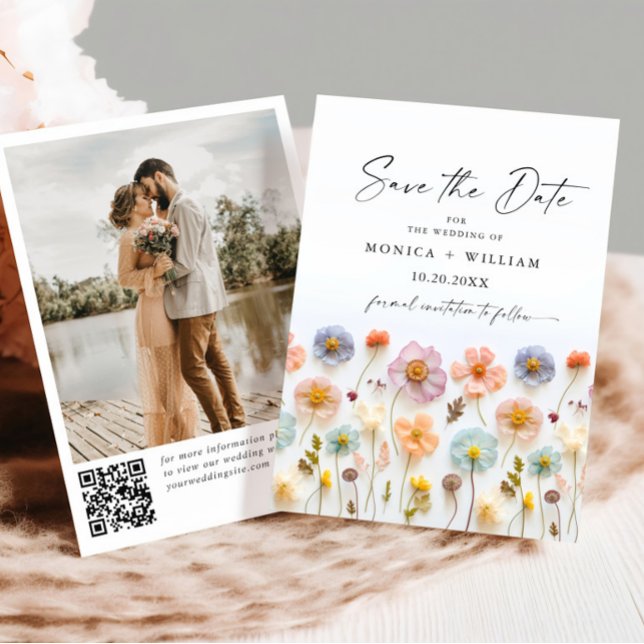Save The Date Pastel Pink Boho Fleur sauvage code QR Mariage Pho (Créateur téléchargé)