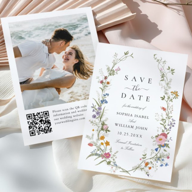 Save The Date Pastel Pink Boho Fleur sauvage code QR Mariage Pho (Créateur téléchargé)