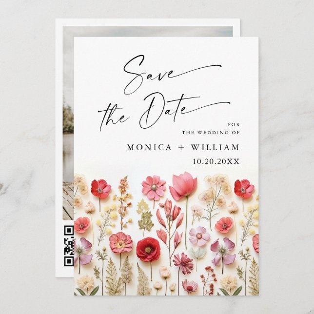 Save The Date Pastel Pink Boho Fleur sauvage code QR Mariage Pho (Devant / Derrière)