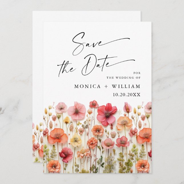 Save The Date Pastel Pink Boho Wild Flowers Mariage code QR (Devant / Derrière)