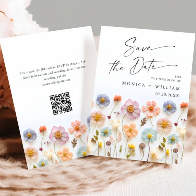 Save The Date Pastel Pink Boho Wild Flowers Mariage code QR (Créateur téléchargé)