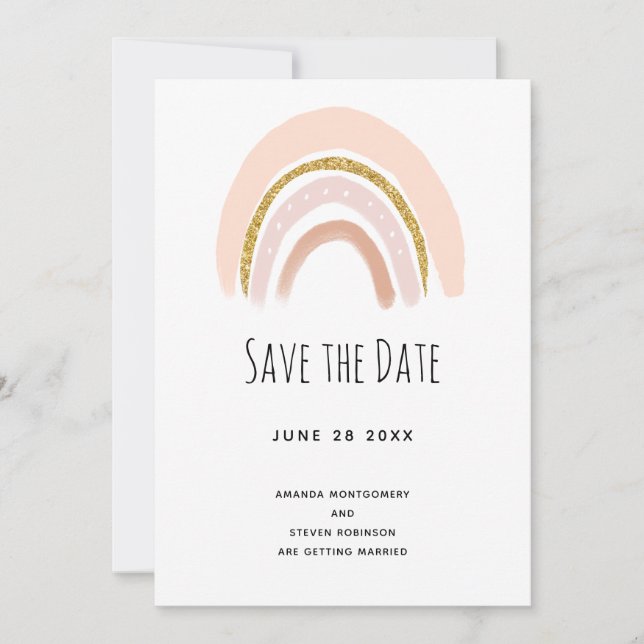 Save The Date Pastel Pink & Faux Parties scintillant Boho Rainbo (Devant)