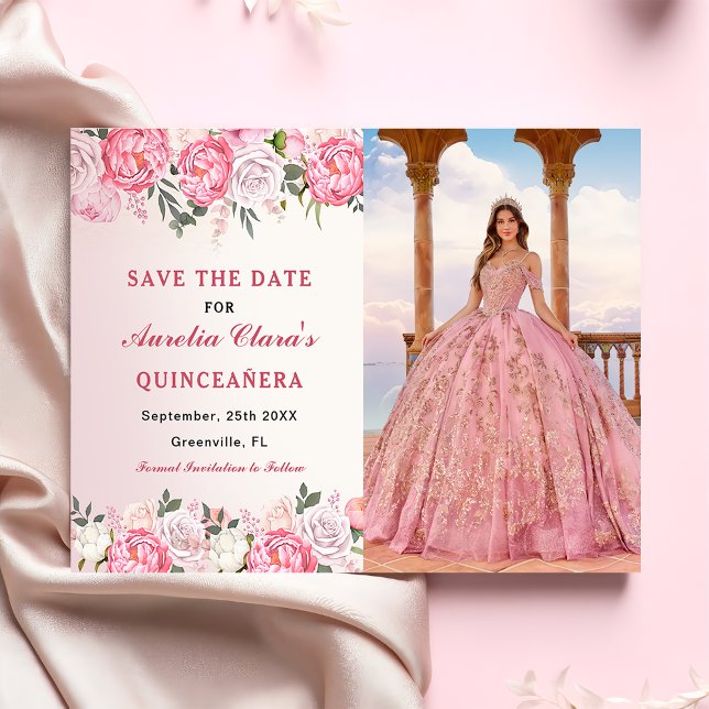 Save The Date Pastel romantique Roses Floral Sweet 16 Photo (Créateur téléchargé)