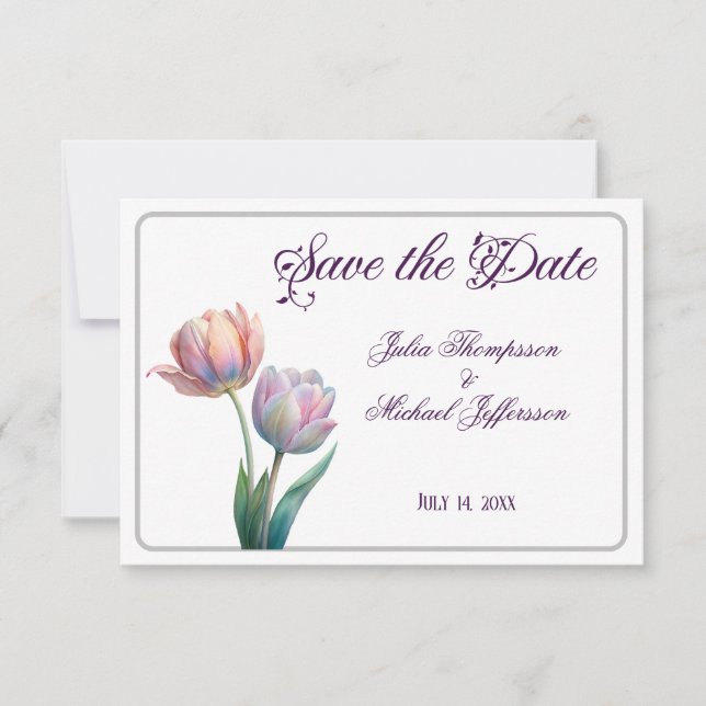 Save The Date Pastel Tulip Mariage Suite Typographie élégante (Devant)
