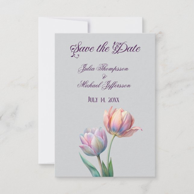 Save The Date Pastel Tulip Mariage Suite Typographie élégante (Devant)