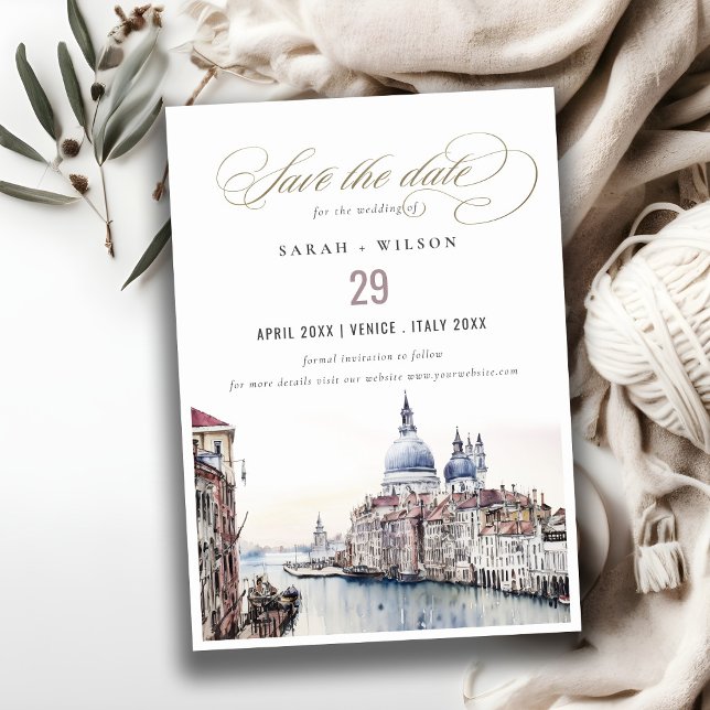 Save The Date Pastel Venice Italie Canaux Aquarelle Mariage (Créateur téléchargé)