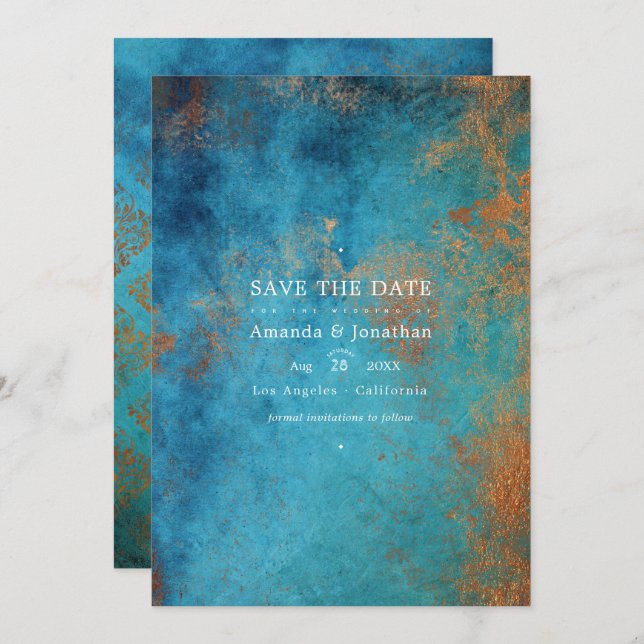 Save The Date Patina en cuivre de Grunge et Mariage Turquoise (Devant / Derrière)