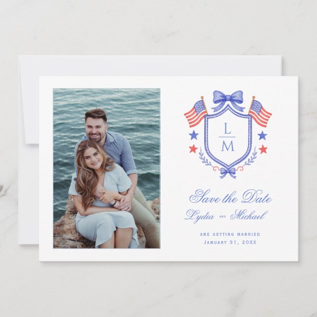 Save The Date Patriotic Crest w/ US Flags | Monogram (Devant)