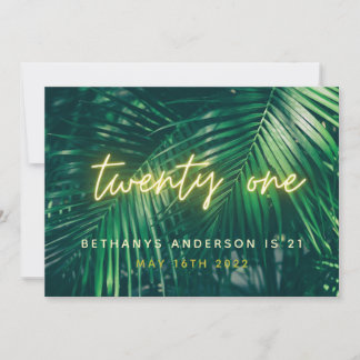 Save The Date Paume tropicale vert néon script 21ème anniversair