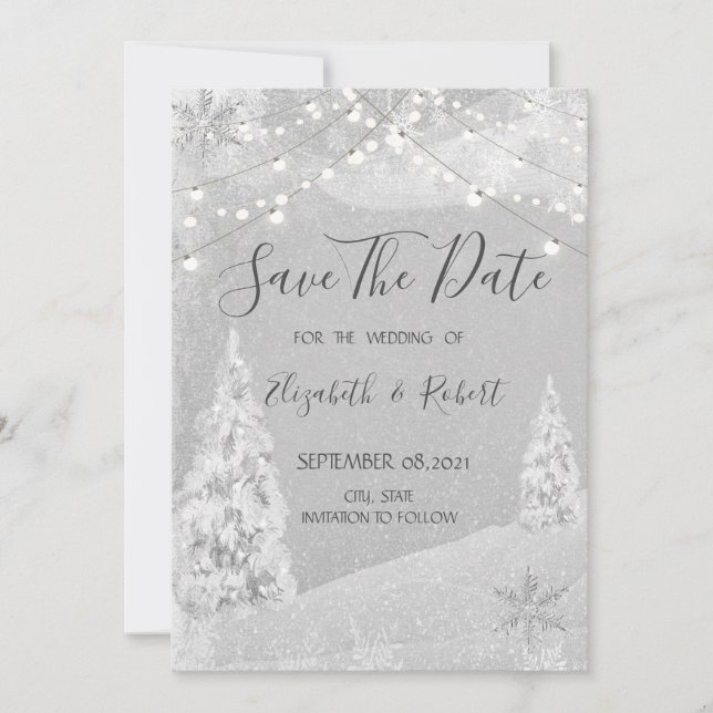 Save The Date Pays d'Hiver, Arbre de Pin Gris Enregistrer la Dat (Devant)