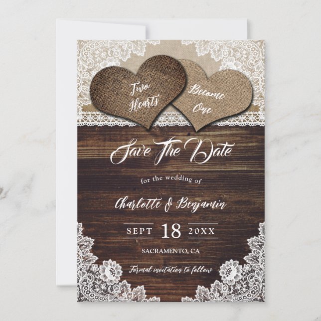 Save The Date Pays élégant Deux Coeurs Floral Mariage dentelle (Devant)
