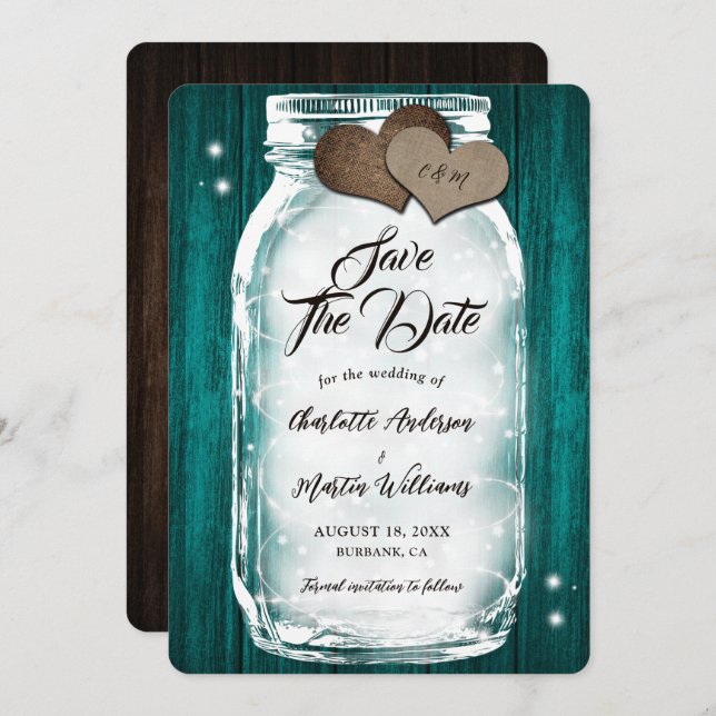 Save The Date Pays Turquoise Wood Hearts Lumières Mason Jar Mari (Devant / Derrière)